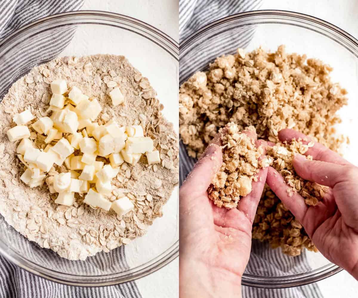 Cubed butter in a bowl with the other topping ingredients. Then hands crumbling the butter into the flour mixture to make the oat topping. 