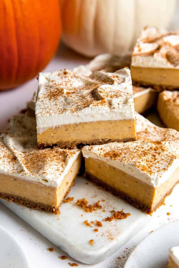 three pumpkin bars sitting in a stack