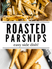 roasted parsnips baked on a baking sheet