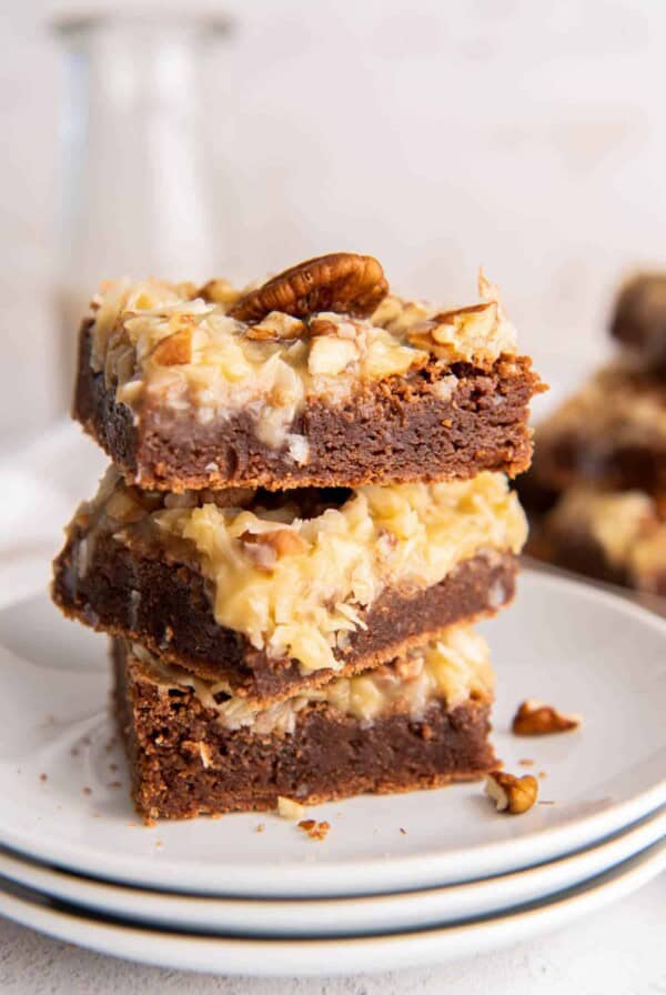 a stack of three german chocolate brownies