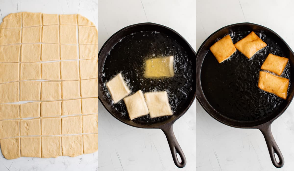 Cutting the dough into squares and then frying in oil in a large frying pan.