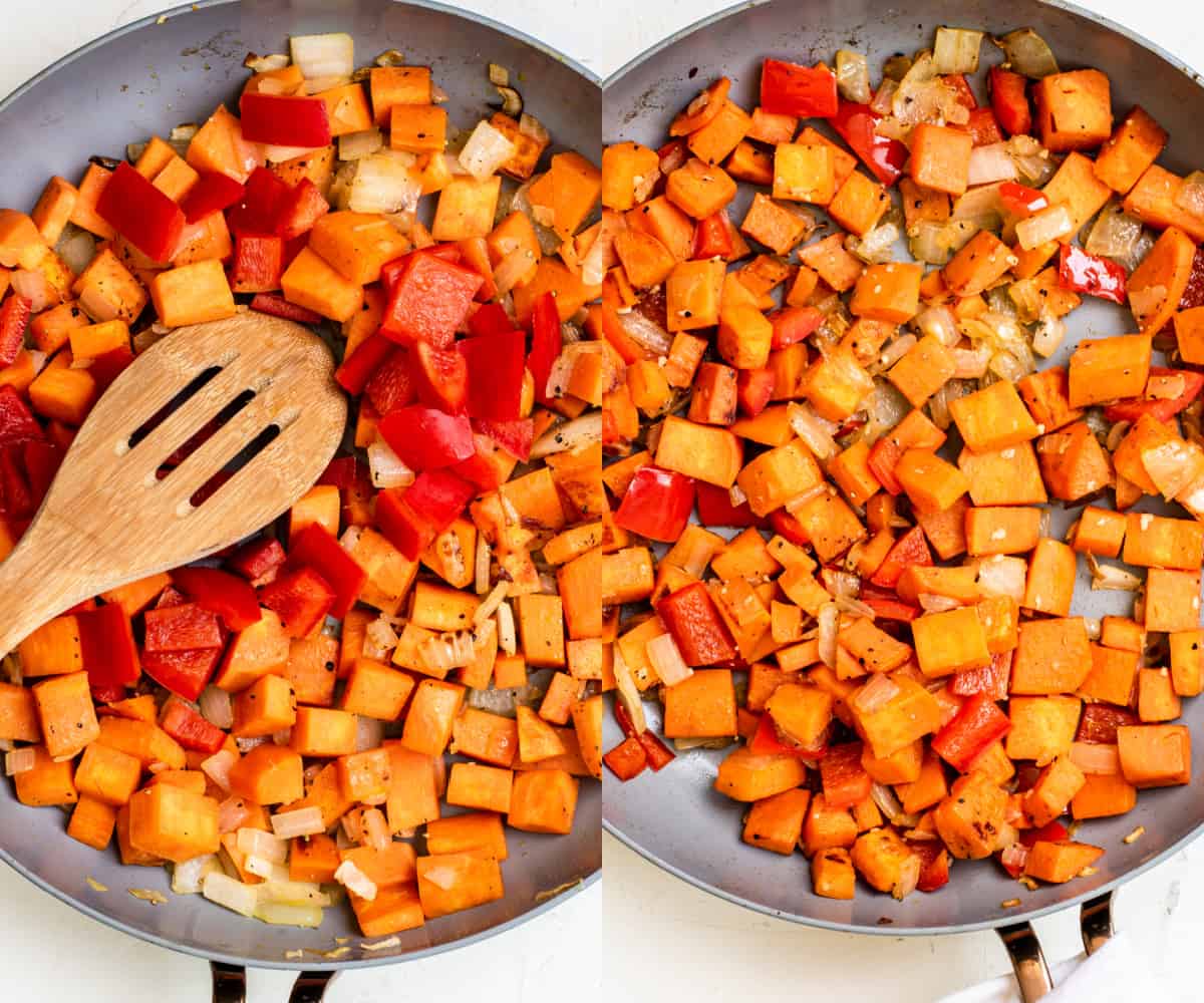 Cooking sweet potatoes, red bell pepper, onion, garlic, salt and pepper in a skillet with olive oil. 