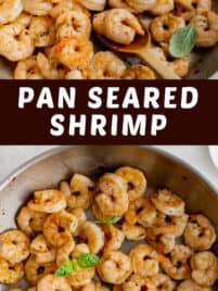 pan seared shrimp in a skillet