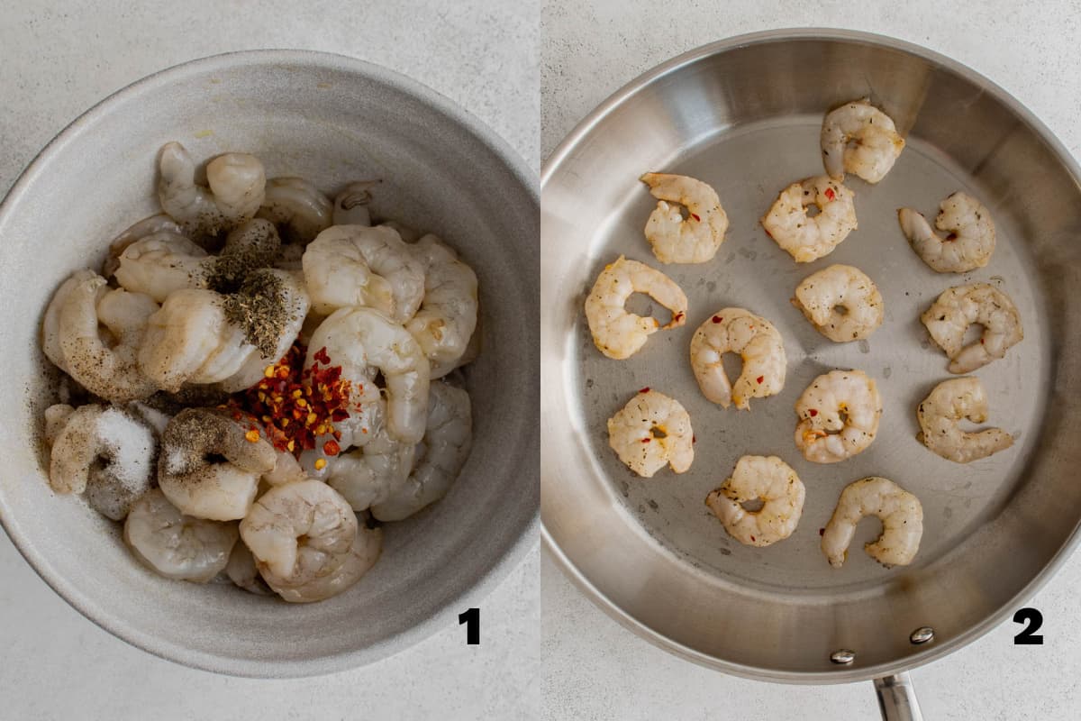 Shrimp in a bowl with all of the ingredients before getting ready to sear.