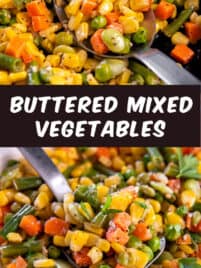 Cooked buttered mixed vegetables in a skillet for serving.