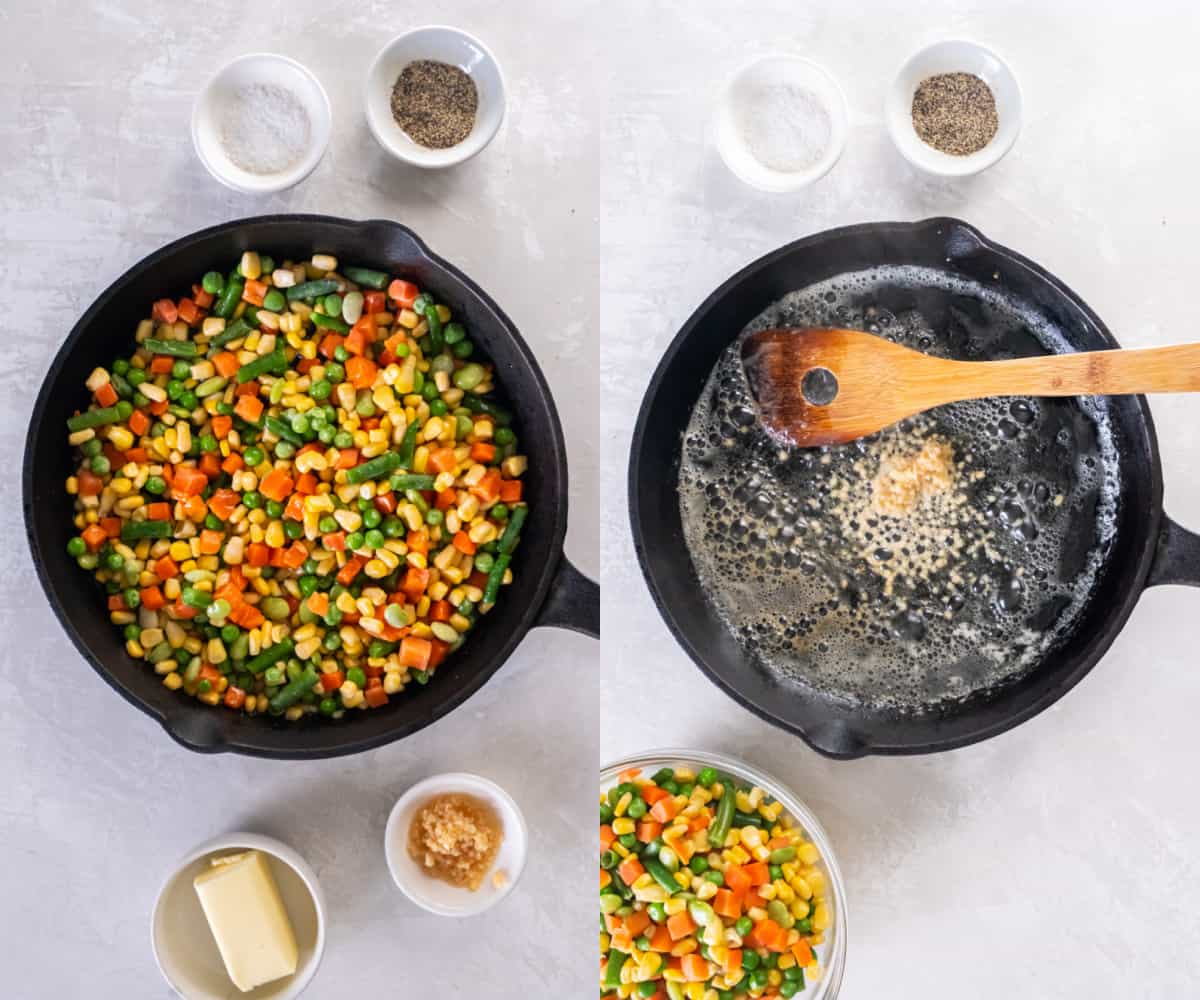 Heating the mixed vegetables in a cast iron skillet then another pan with just the butter heating.