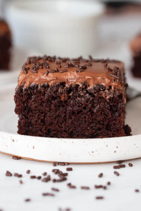 A close up photo of a slice of chocolate sheet cake on a small plate for serving.