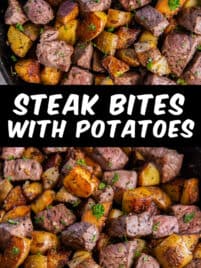 Garlic steak bites and potatoes in a cast iron pan for serving.