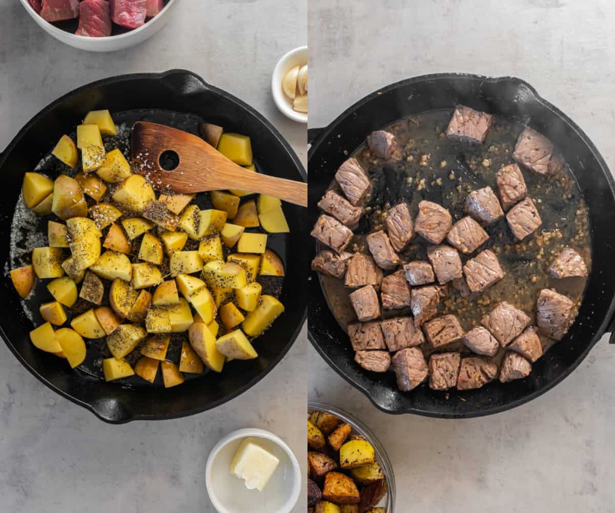 Cooking the potatoes and searing the steak in a cast iron pan. 