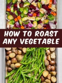 Two photos of raw roasted root vegetables on a sheet pan ready for roasting.