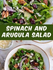 A pinterest pin collage with spinach and arugula salad in a bowl for serving.