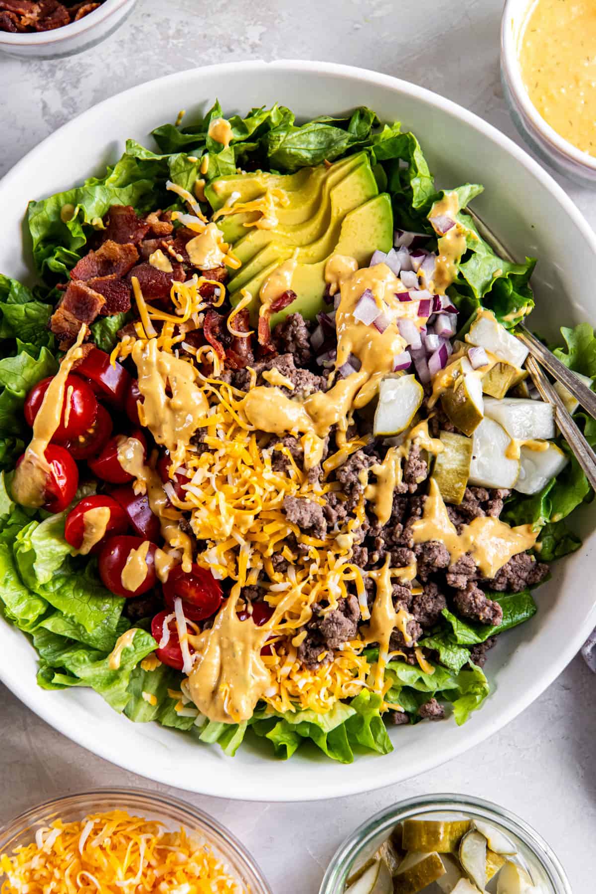 Burger bowl with special sauce in a white bowl for serving. 