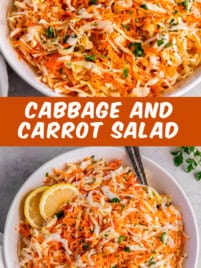 Shredded carrot and cabbage salad dressed with honey mustard dressing served in a white bowl with serving utensils.