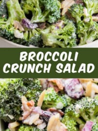 Broccoli crunch salad in a large bowl for serving. The salad includes broccoli florets, slivered almonds, dried cranberries and bacon mixed with a creamy homemade dressing.