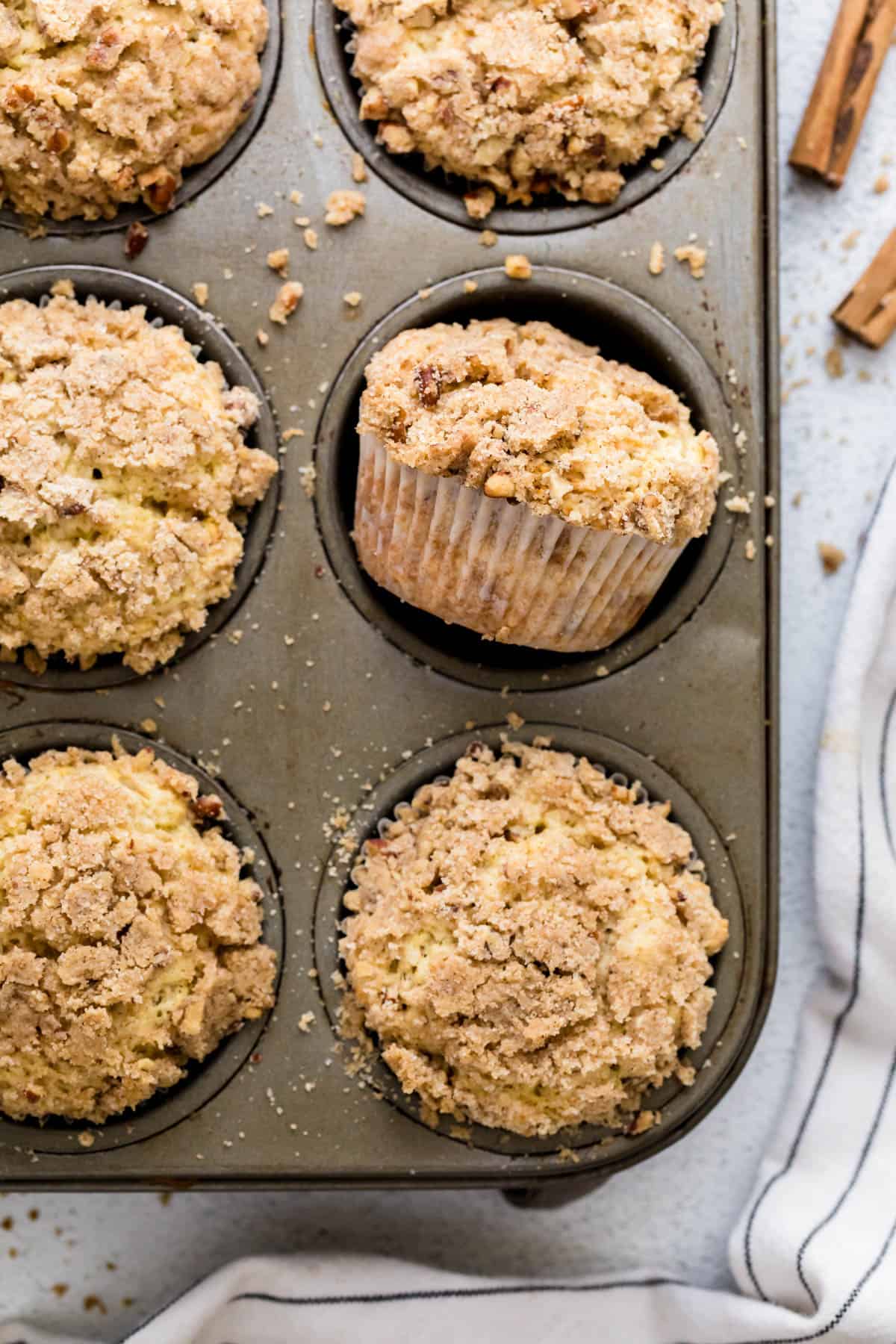 Coffee cake muffins in a baking tin after baking.