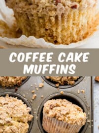 A close up photo of one coffee cake muffin sitting no a paper liner.