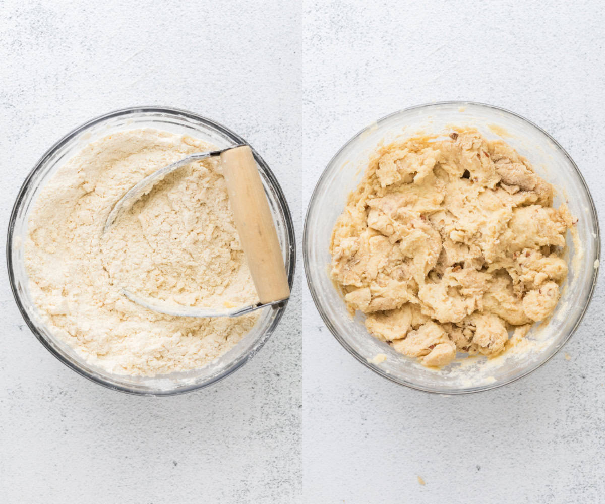 Using a pastry blender to mix the butter into the flour mixture.