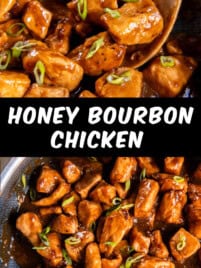 honey bourbon chicken in a pan with a spoon