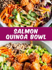 A salmon quinoa bowl is loaded with quinoa, chili glazed salmon, edamame, cucumbers, carrots and a delicious mango slaw.