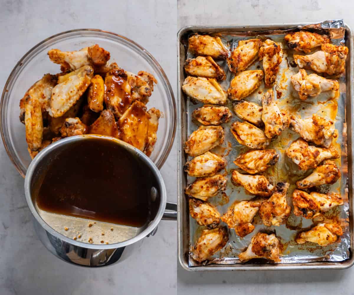 Pouring the sauce over the chicken wings before baking on a sheet pan. 