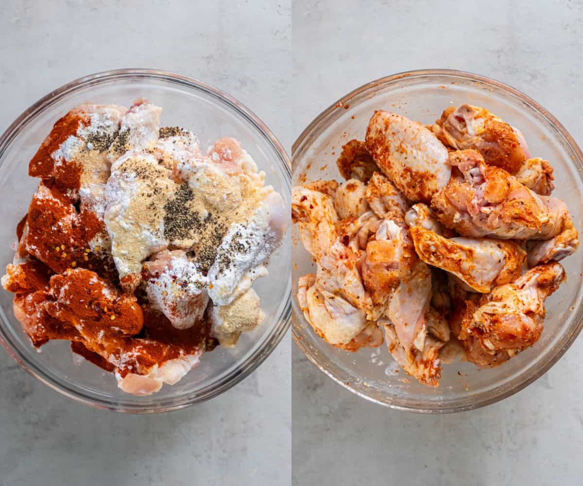 Tossing together the chicken wings in a bowl with the seasonings. 