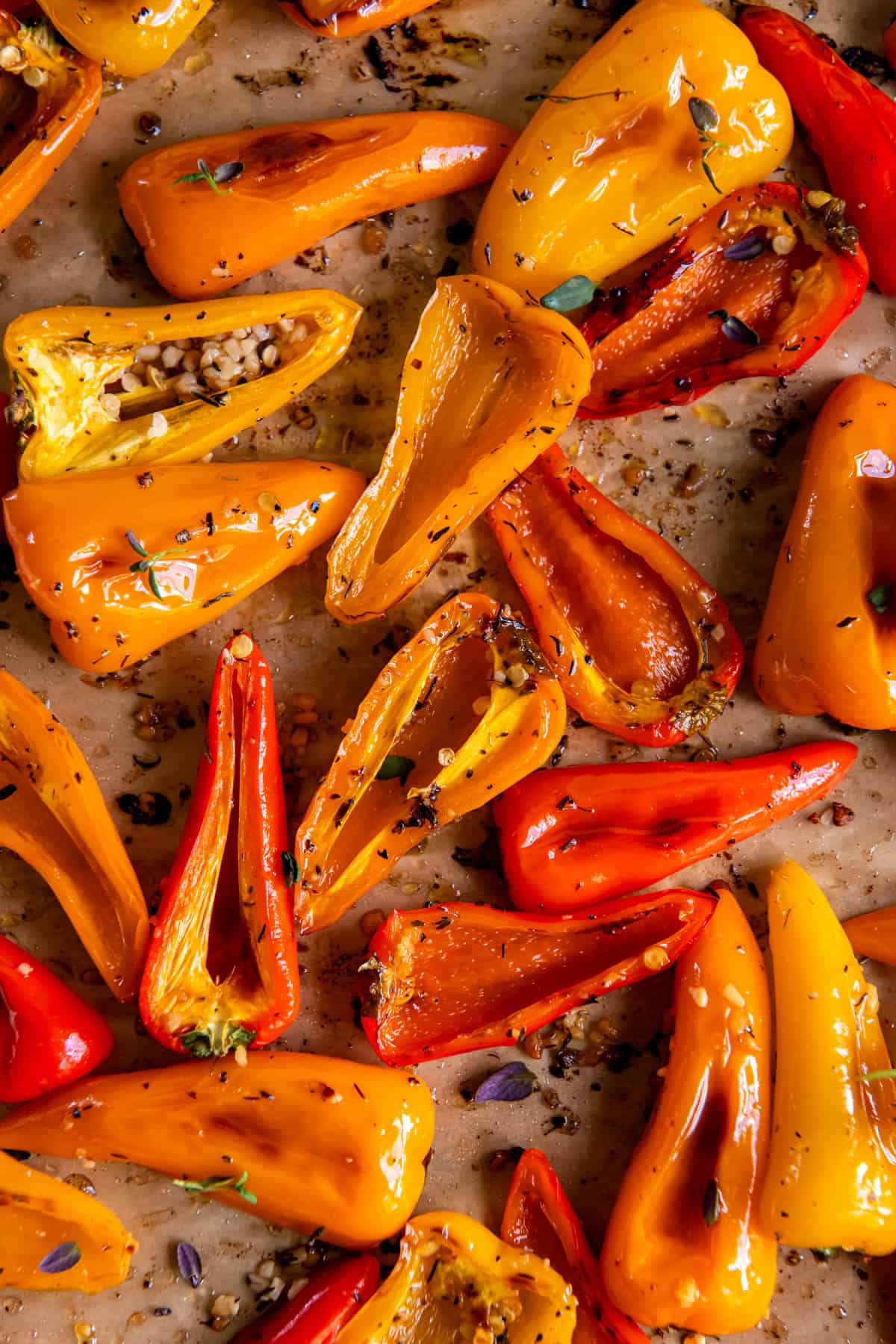 Roasted mini sweet bell peppers sitting on parchment paper on a baking sheet after being removed from the oven. 