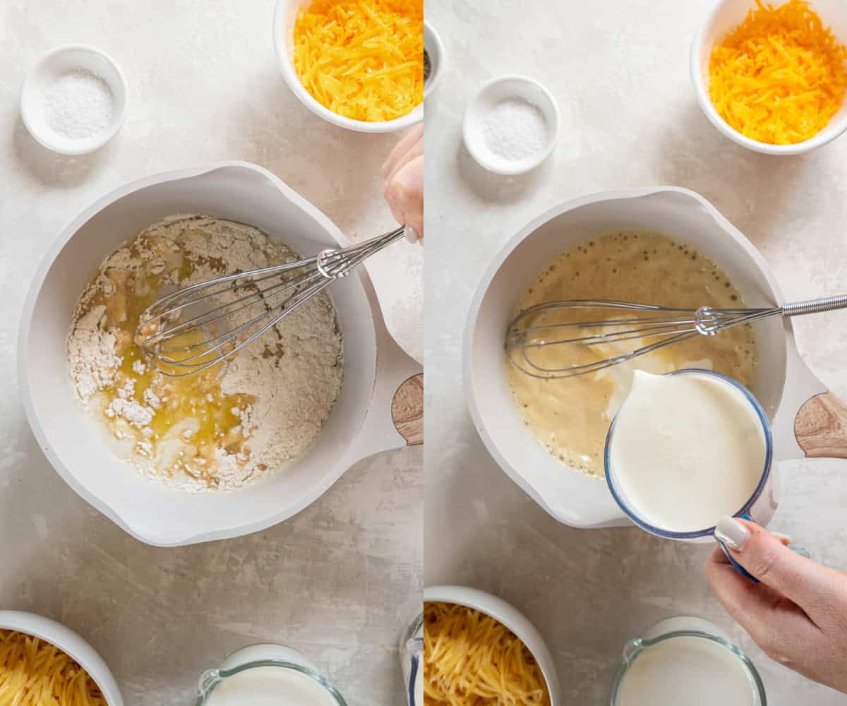 Whisking together the roux with the heavy cream and milk in a saucepan to make the cheese sauce.