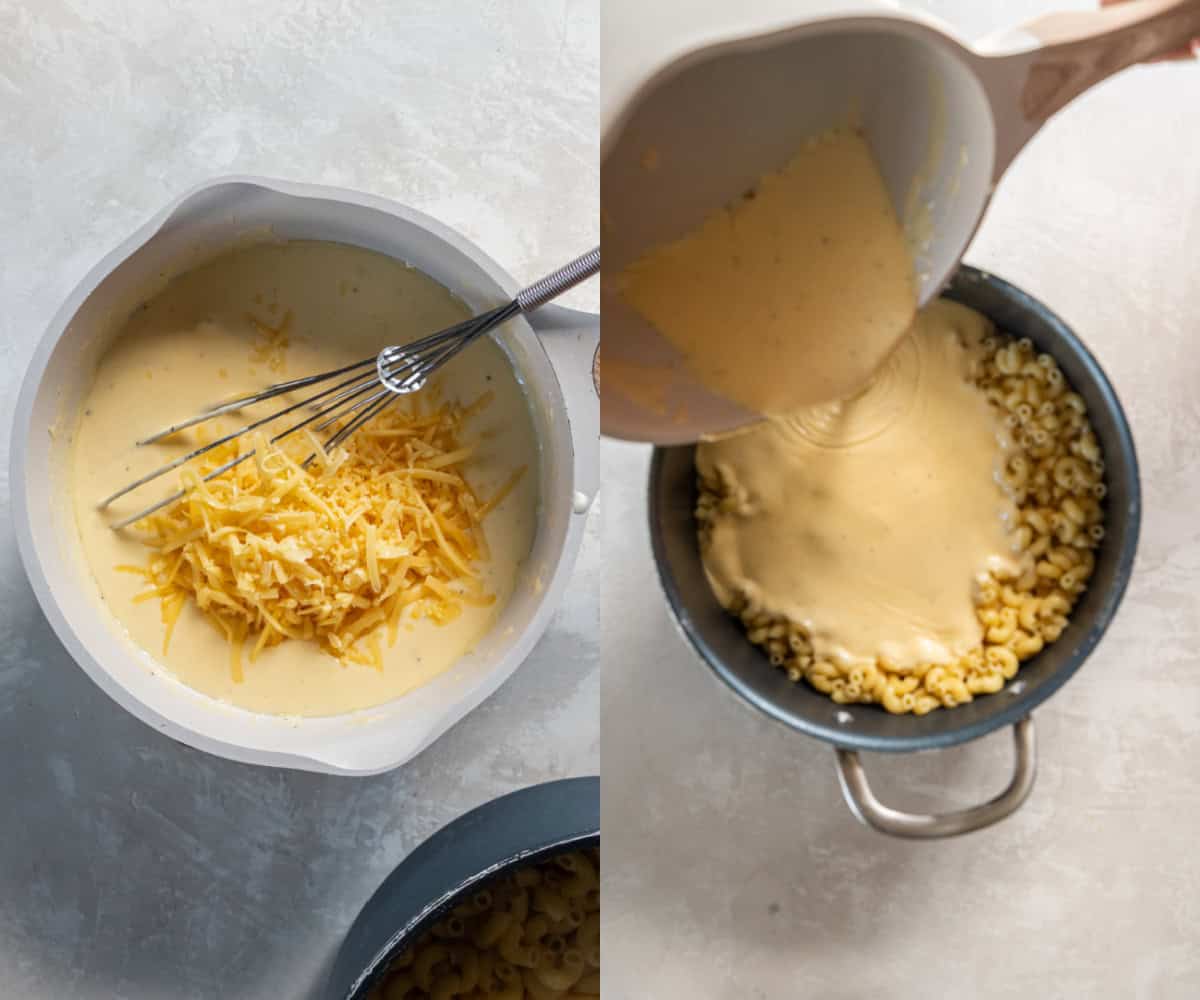 Pouring the sauce over the pasta before stirring everything together. 