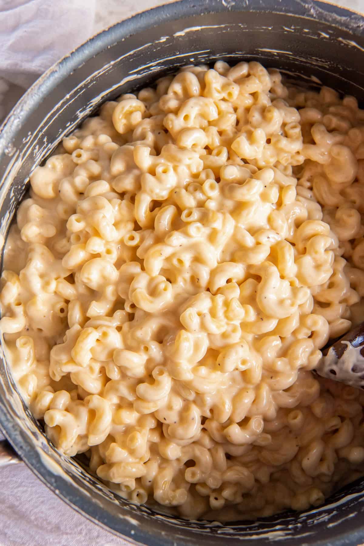 A large pot of gouda mac and cheese. 