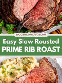 Slow roasted prime rib roast on a platter and on a dinner plate with mashed potatoes.