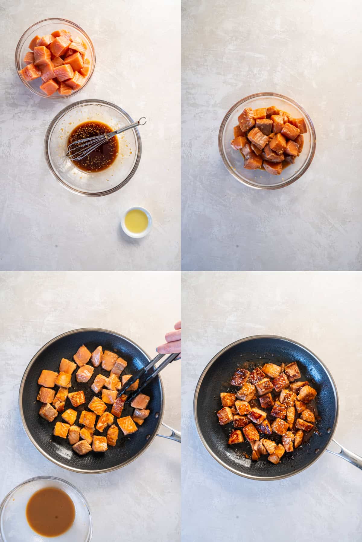 A series of photos showing how to make honey garlic salmon bites. First picture is bowls of diced salmon, marinade. and lemon juice. Second photo is  a bowl of salmon mixed with marinade. Third picture is salmon bites in a pan cooking. Last picture is salmon fully cooked in pan.