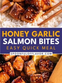 Pin for Honey Garlic Salmon bites. Picture of the food plated at the top and in a skillet pan at the bottom.