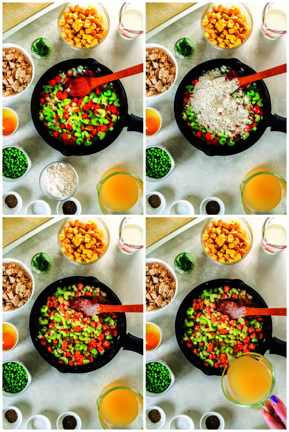 Pictures of the steps for cooking the carrots, celery, and onions. Adding flour and broth to the vegetable mixture.