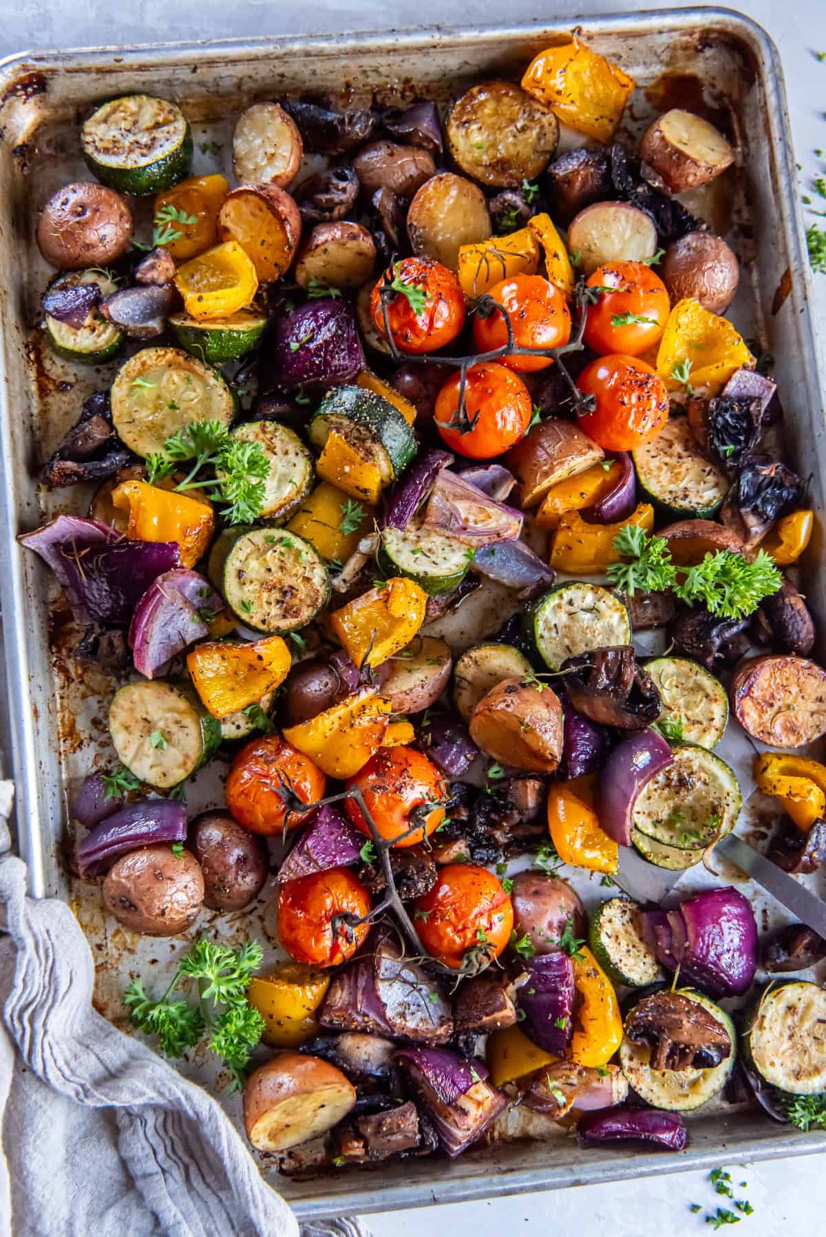 A pan of roasted seasoned vegetables including zucchini, tomatoes, bell peppers, mushrooms and onions.