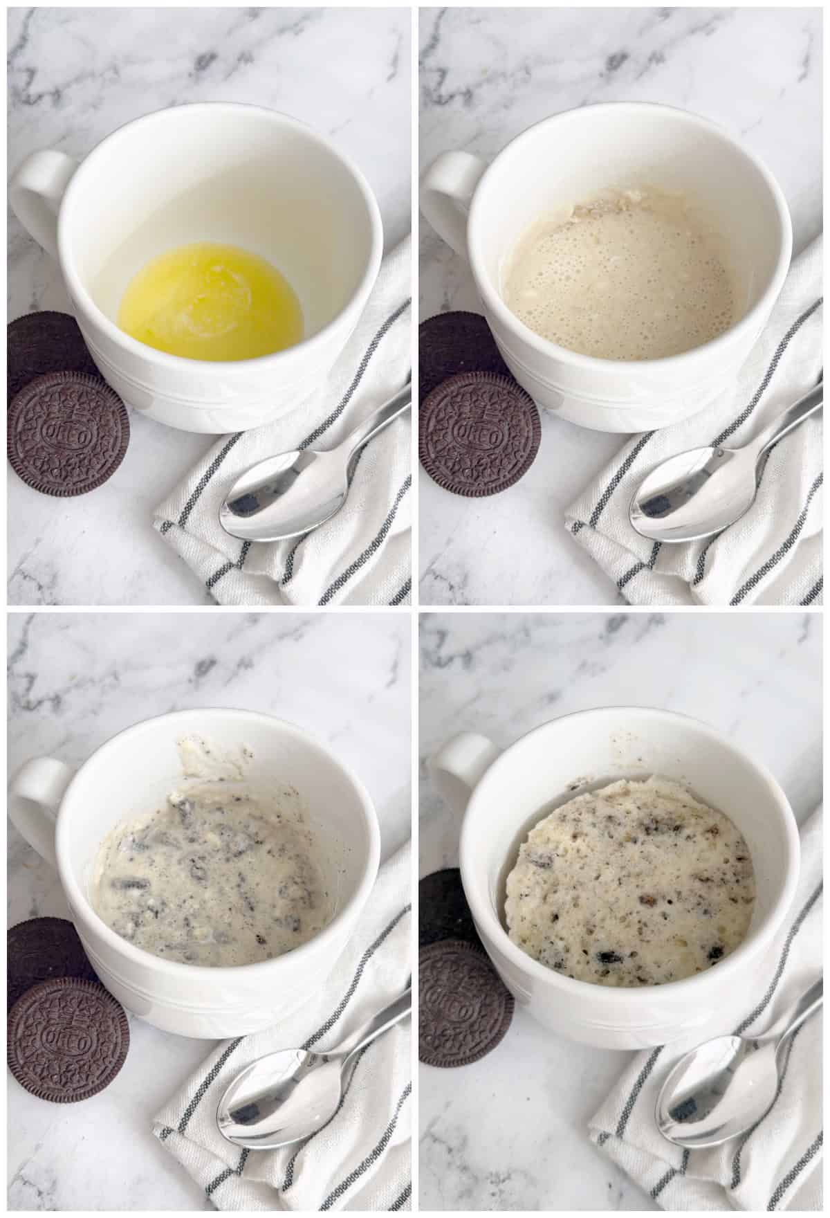 The steps for shown for making the cake in a mug